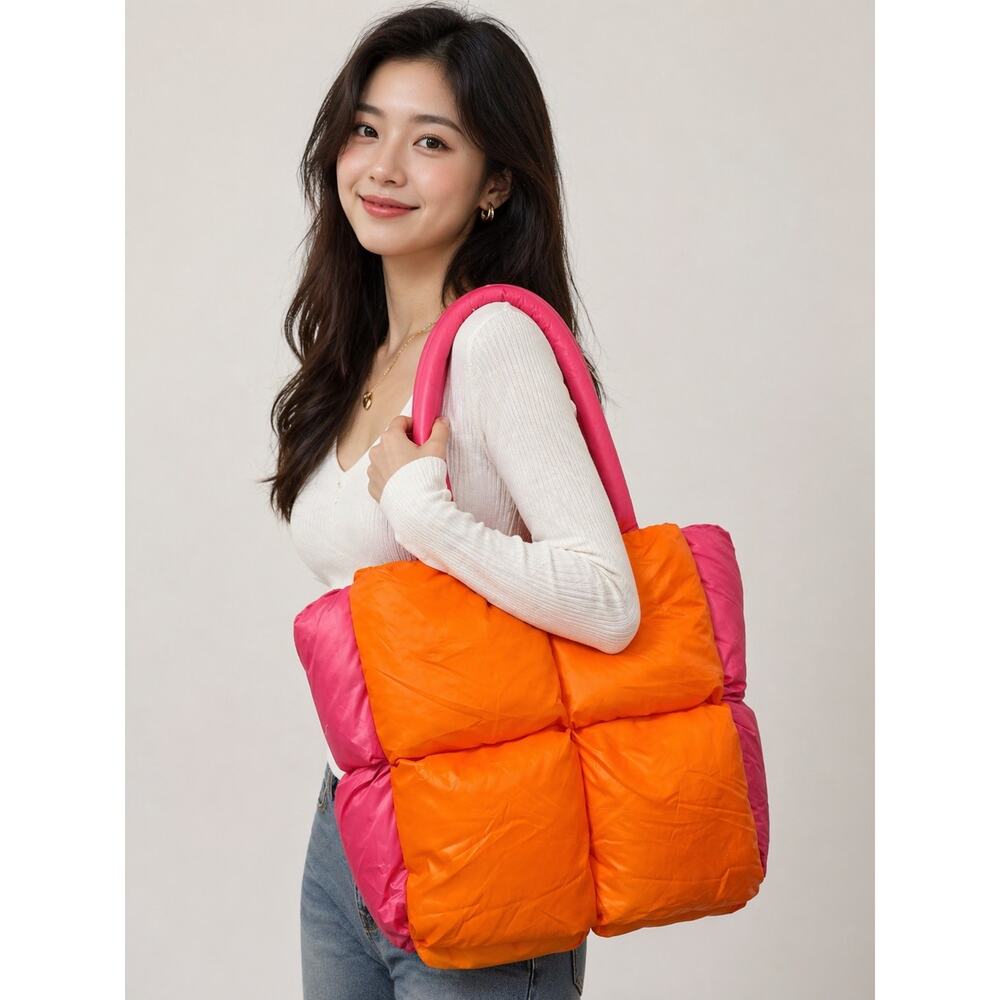 Amika Puffy Tote Bag Orange Pink Quilted Oversized Carryall